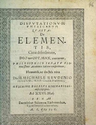 DISPVTATIONVM PHYSICARVM QVARTA: De ELEMENTIS
