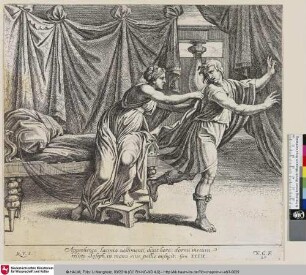 [Joseph entkommt den Händen von Putiphars Frau.; Joseph échappant des mains de la femme de Putiphar.]