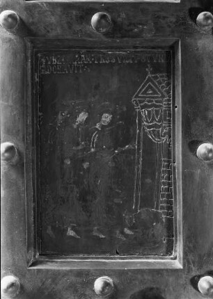 Tür des Hauptportals, linke Seite, Detail: Die drei Männer bei Abraham (Reihe 2, Tafel 1)