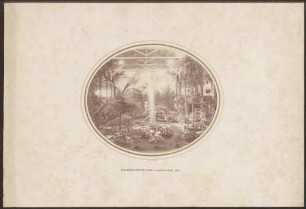 Ausstellungshalle mit Pflanzenkultur und Springbrunnen.