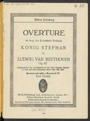 Overture to Aug. von Kotzebue's Prelude König Stephan : op. 117