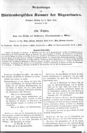 134. Sitzung, Stuttgart, 8.4.1865