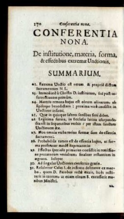 Conferentia Nona. De institutione, materia, forma, & effectibus extremae Unctionis