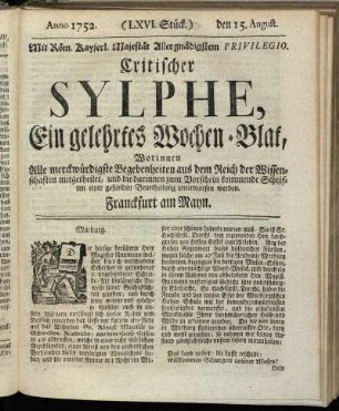 (LXVI. Stück.) den 15. August. Anno 1752.