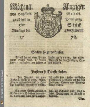 5tes Stueck, Dienstags den 4ten Februarii 1772