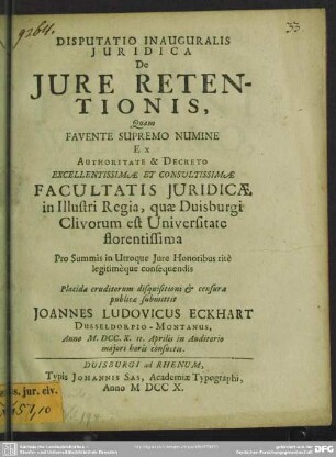 Disputatio Inauguralis Iuridica De Iure Retentionis