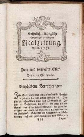 Zwey und fünfzigstes Stück. Den 24ten Christmonat. Wien, 1776.
