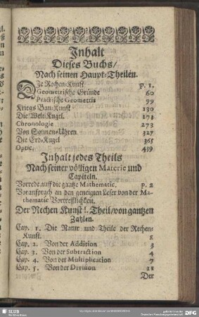 Inhalt Dieses Buchs, Nach seinen Haupt-Theilen