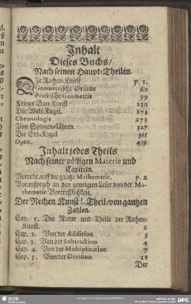 Inhalt Dieses Buchs, Nach seinen Haupt-Theilen