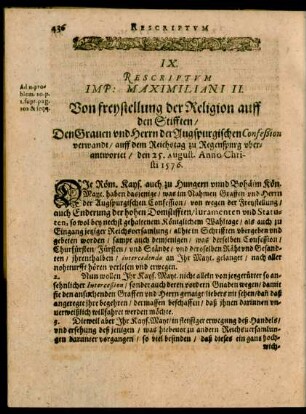 IX. Rescriptum Imp: Maximiliani II. Von freystellung der Religion auff den Stifften