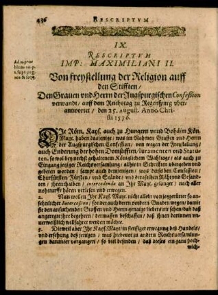 IX. Rescriptum Imp: Maximiliani II. Von freystellung der Religion auff den Stifften