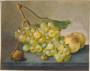 Stillleben mit Traube, Nuss und Pfirsichen
