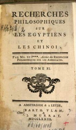Recherches Philosophiques Sur Les Egyptiens Et Les Chinois, 2