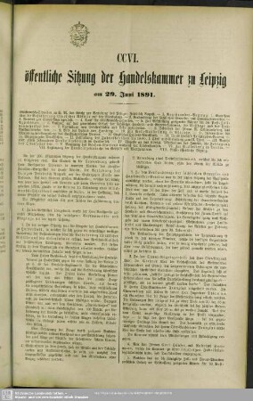 CCVI. öffentliche Sitzung der Handelskammer zu Leipzig am 29. Juni 1891