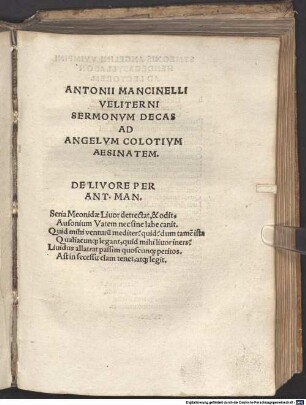 Antonii Mancinelli Veliterni Sermonvm Decas Ad Angelvm Colotivm Aesinatem