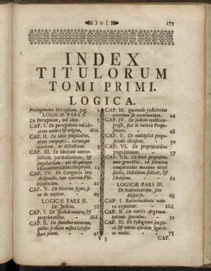 Index Titulorum Tomi Primi. Logica. - Metaphysica.