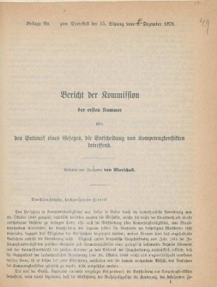 Bericht der Kommission der ersten Kammer über den Entwurf eines Gesetzes, die Entscheidung von Kompetenzkonflikten betreffend