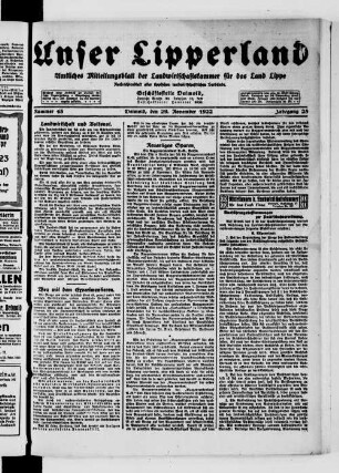 Unser Lipperland : landwirtschaftliche Zeitung für Lippe : Vereinsblatt der landwirtschaftlichen Vereine, Genossenschaften, Tierzuchtverbände und des lippischen Obst- u. Gartenbau-Vereins