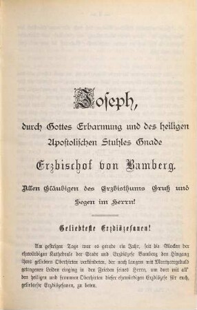 Hirtenbrief, erlassen beim Antritt des bischöflichen Amtes von Joseph, Erzbischof von Bamberg