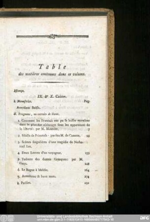 Table des matières contenues dans ce volume.