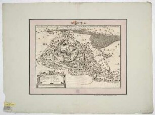 Vogelschauplan von dem Kloster Weingarten und Altdorf, Radierung, um 1682 : Das Statlich Kloster Weingardten Mit Sampt Dem Marckt-Flecken Altorff In Schwaben. - [Amsterdam] , [um 1682]. - 1 Vogelschauplan : Radierung ; 43 x 32 cm Kopft. - Ohne Kt.-Netz. - Mit Gebäudeverzeichnis