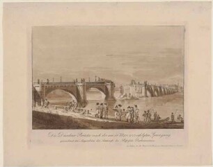 Die durch französische Truppen am 19. März 1813 gesprengte Elbbrücke (alte Augustusbrücke) in Dresden bei der Ankunft des russischen Parlamentärs am 21. März
