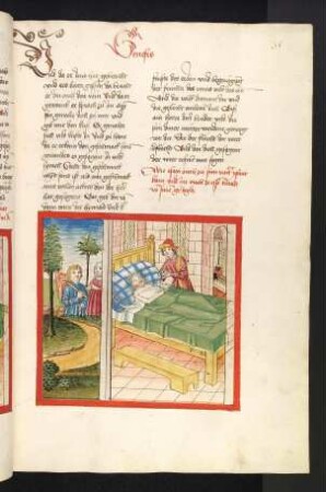 Esau bringt Isaak Essen, daneben Rebekka, die Jakob auf die Flucht schickt.