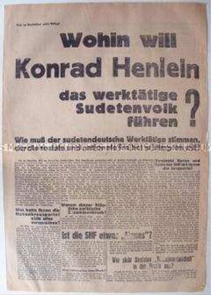 Sonderdruck der sudetendeutschen Kommunisten zur Wahl der Nationalversammlung der Tschechoslowakei 1935 zur Auseinandersetzung mit der Sudetendeutschen Partei