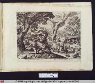 Die Opfergaben von Kain und Abel, im Hintergrund der Brudermord.
