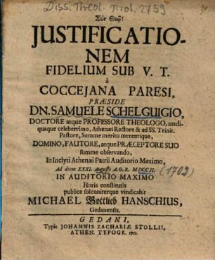 Justificationem Fidelium Sub V. T. à Coccejana Paresi