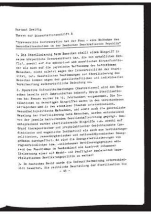 Irreversible Kontrazeption bei der Frau - eine Maßnahme des Gesundheitsschutzes in der Deutschen Demokratischen Republik : Thesen zur Dissertationsschrift A