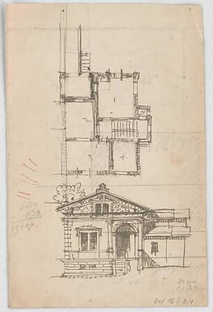 Thiersch, August ; München, Georgenstr.; Privathaus, Projekt - Grundriss, Ansicht