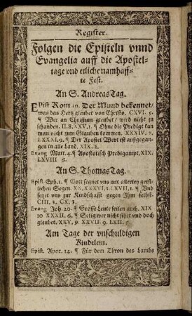 Register. Folgen die Episteln unnd Evangelia auff die Apostetage und etliche namhaffte Fest.