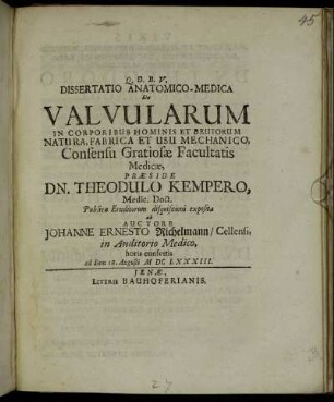 Dissertatio Anatomico-Medica De Valvularum In Corporibus Hominis Et Brutorum Natura, Fabrica Et Usu Mechanico