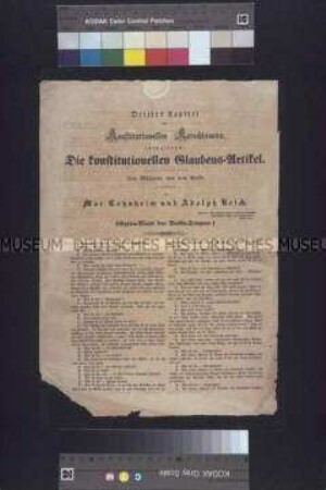 Flugblatt: Drittes Kapitel des konstitutionellen Katechismus. Extra-Blatt der Volks-Stimme, mit Nachweis der unnötigen Bevormundung des Volkes durch die Monarchie; undatiert