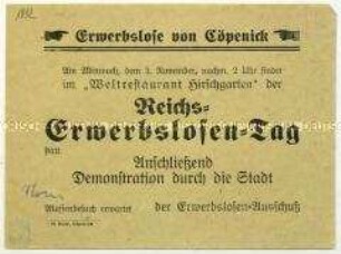 Aufruf des Erwerbslosen-Ausschusses zum Reichs-Erwerbslosen-Tag in Berlin-Köpenick