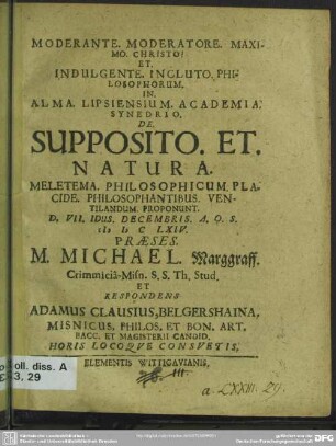 De supposito. et. natura. : meletema. philosophicum. placide. philosophantibus. ventilandum. proponunt.