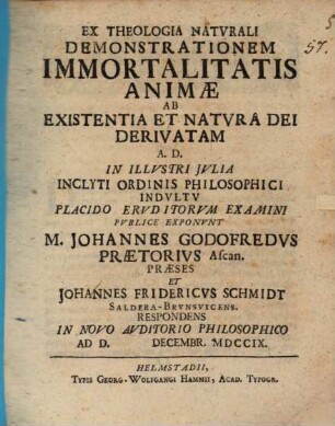 Ex theologia naturali, demonstrationem immortalitatis animae ab existentia et natura Dei derivatam