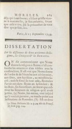 Dissertation Sur la différence de deux anciennes Religions, la Gréque & la Romaine