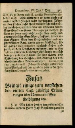 Zusatz Bringet einige zum vorstehenden vierten Cap. gehörige Erinnerungen über Democriti Vertheidigung bey
