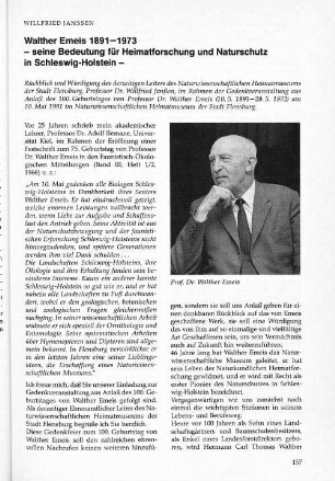 Walther Emeis 1891-1973 - seine Bedeutung für Heimatforschung und Naturschutz in Schleswig-Holstein -