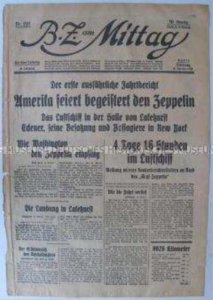 Titelblatt der Tageszeitung "B.Z. am Mittag" zur Landung des Luftschiffes "Graf Zeppelin" in den USA