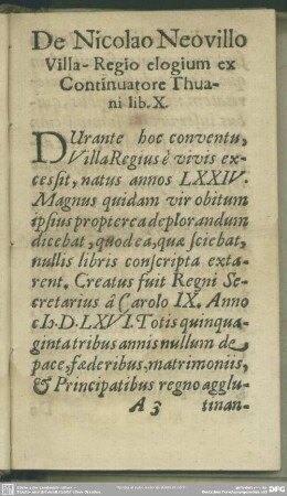 De Nicolao Neovillo Villa-Regio elogium ex Continuatore Thuani lib. X.