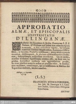 Approbatio Almae, et Episcopalis Universitatis Dillinganae