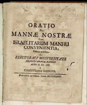 Oratio De Mannae Nostrae Cum Israelitarum Manhu Convenientia