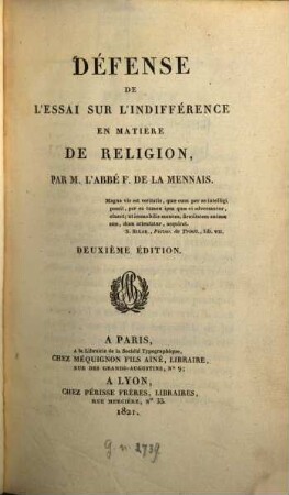 Défense de l'Essai sur l'indifférence en matière de religion