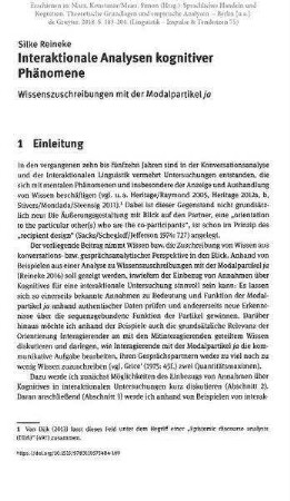 Interaktionale Analysen kognitiver Phänomene. Wissenszuschreibungen mit der Modalpartikel ja