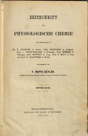 Zeitschrift für physiologische Chemie. 1, 1. 1877/78