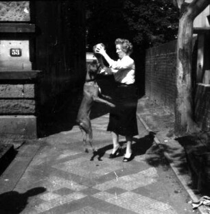 Frau auf einem Gehweg, mit Hund spielend