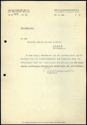 G. Rodenwaldt an DAI Athen